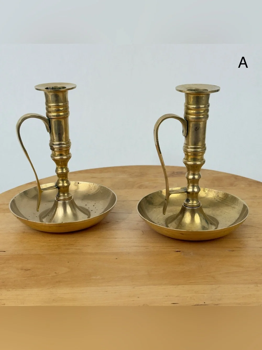 Mid 20th Century Pair of Brass Chamberstick Candle Holders w Handle & Drip Tray